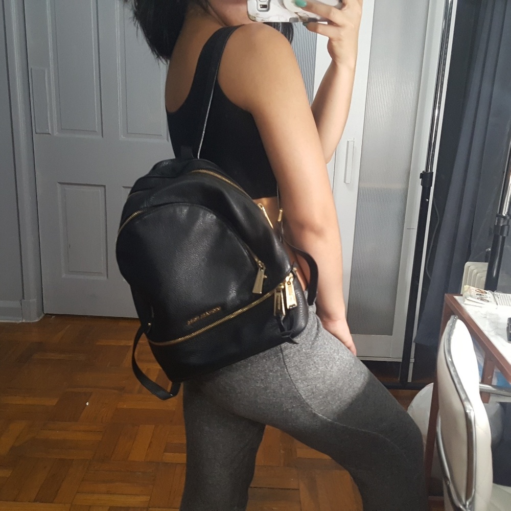 āSOLDāMichael Kors "Rhea" Black Leather Backpack - Picture 5 of 8